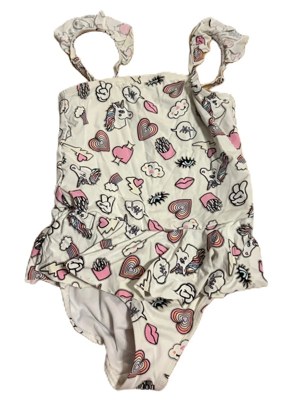 Betsey Johnson White One-Piece Swimsuit Unicorn Lips Sz 7/8 French Fries
